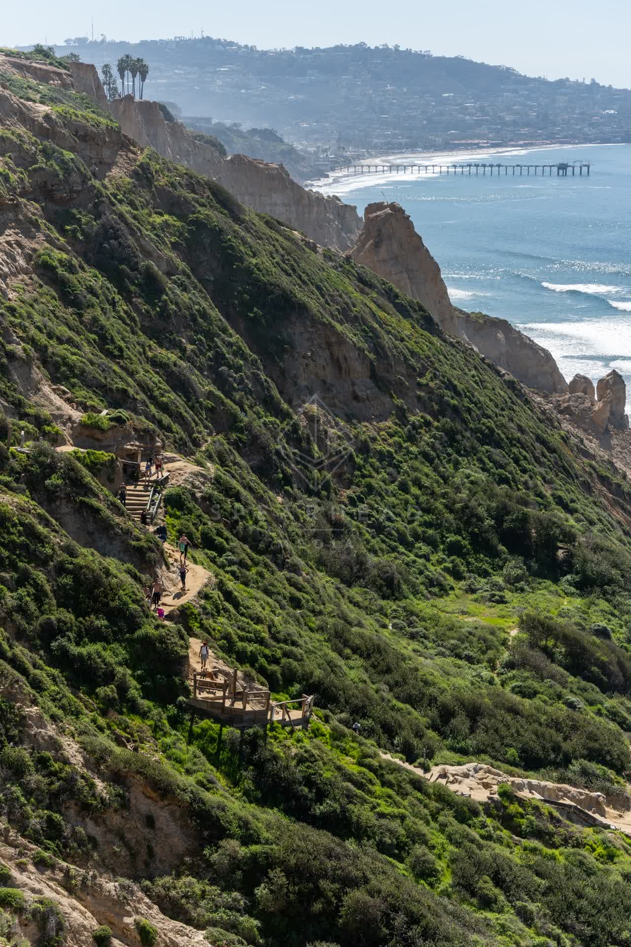 Elevated view of the cliffs, the surf and the pier at Torrey Pines, with people walking.