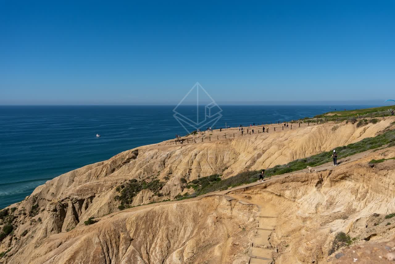 Elevated view of the cliffs, the ocean and the beach at Torrey Pines, with people walking.