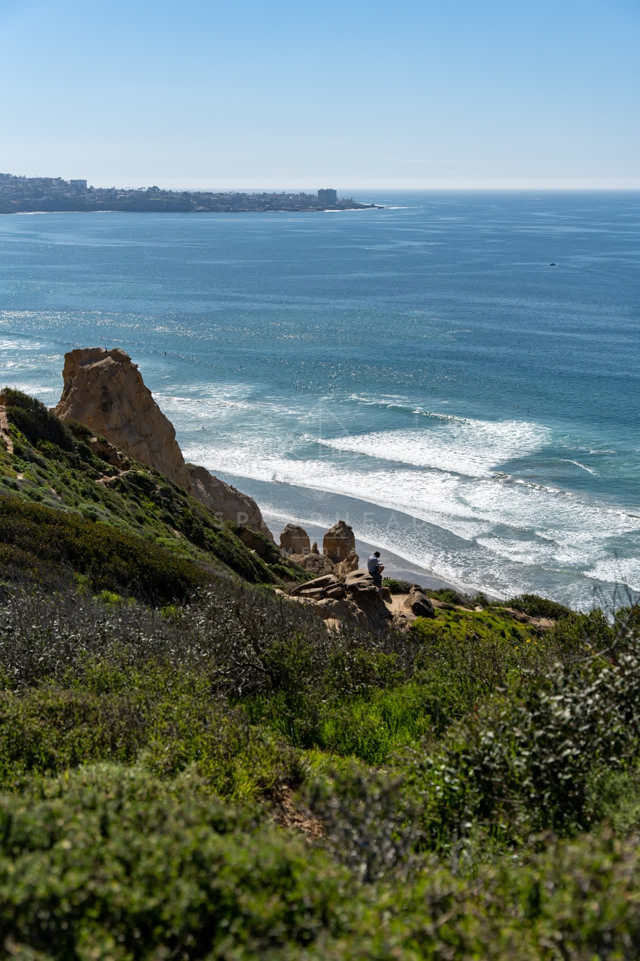 Elevated view of the cliffs, the surf and the ocean at Torrey Pines.