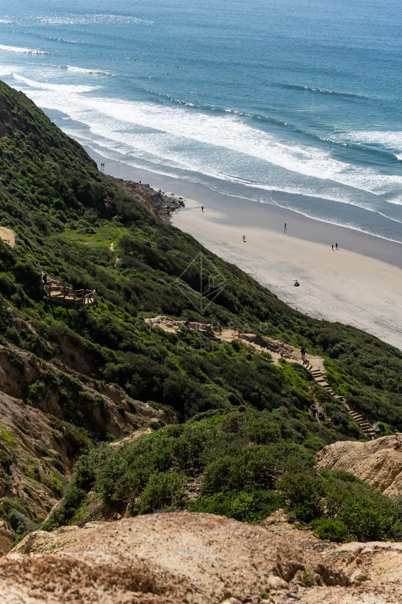 Elevated view of the cliffs, the surf and the ocean at Torrey Pines, with people walking.