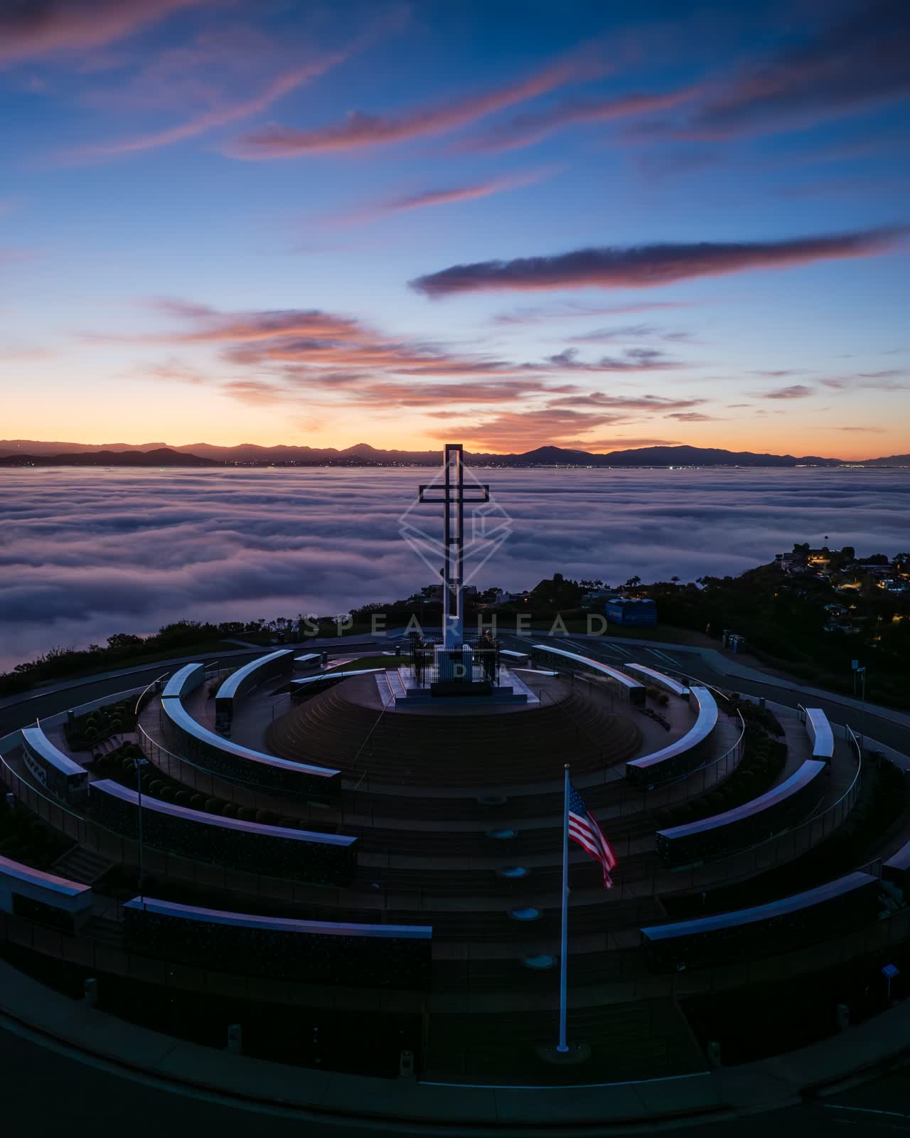 Aerial view of the cliffs, homes and open country at Mount Soledad.