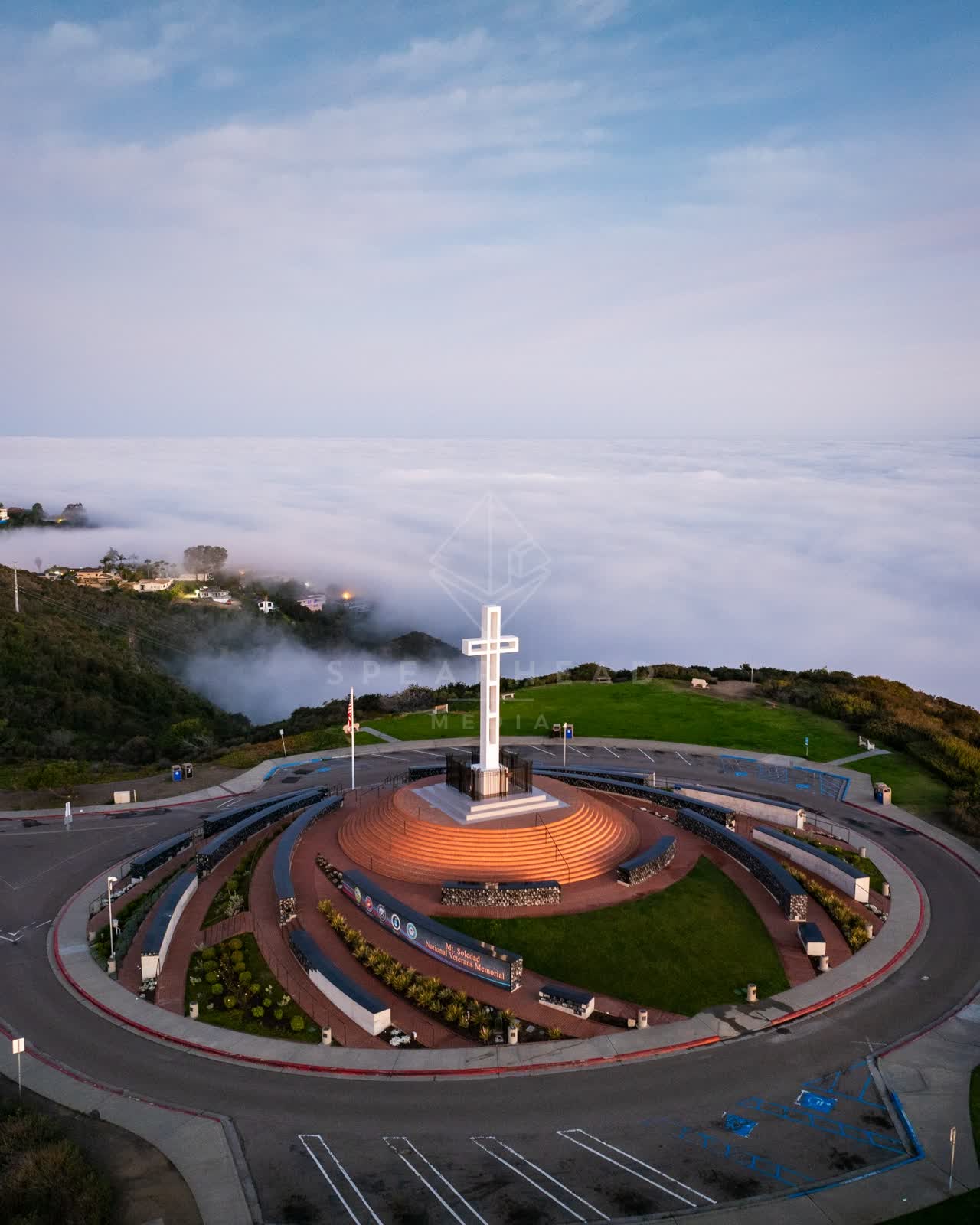 Aerial view of the cliffs, homes and open country at Mount Soledad.