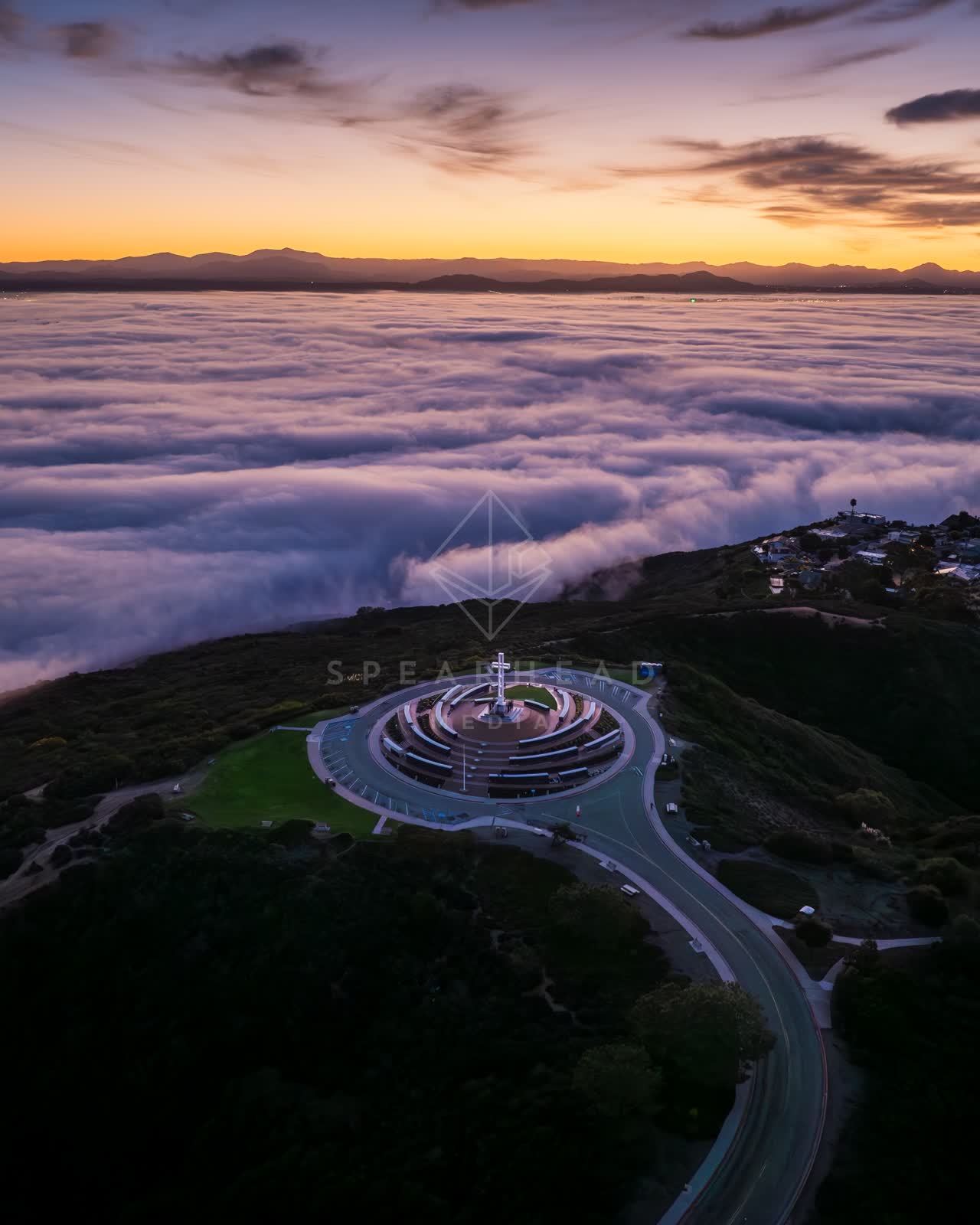 Aerial view of the cliffs, homes and open country at Mount Soledad.
