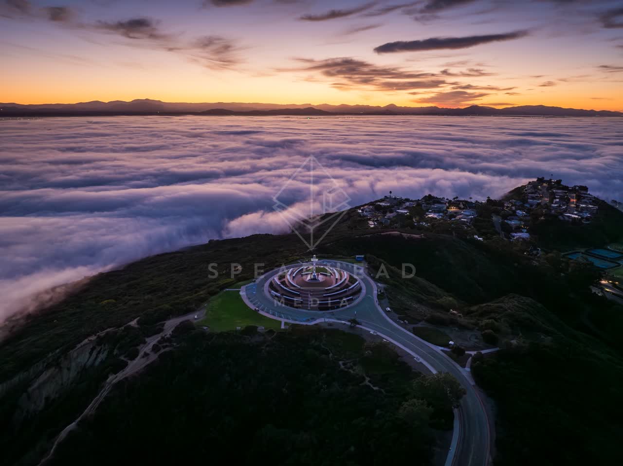 Aerial view of the cliffs, homes and open country at Mount Soledad.