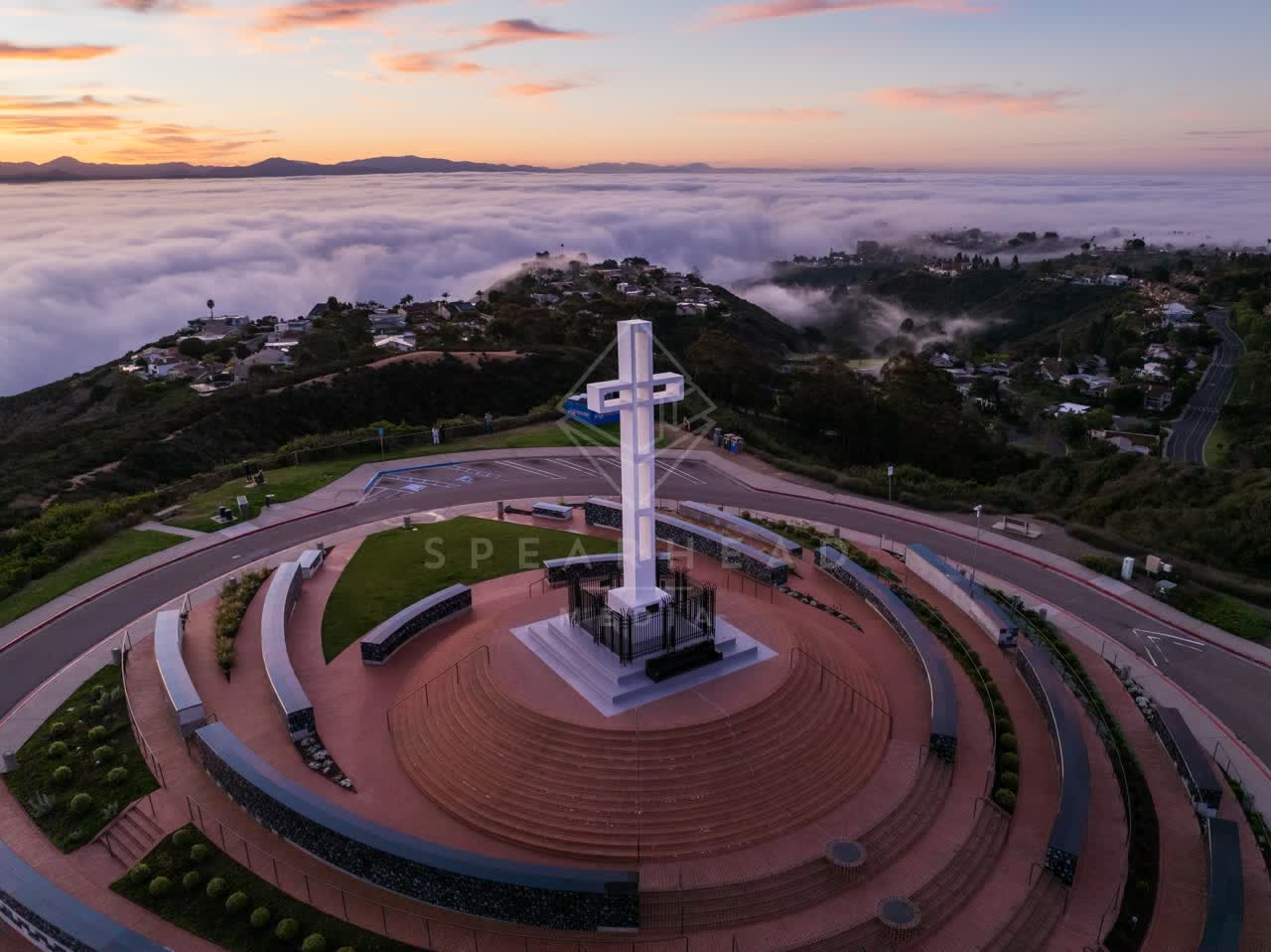 Aerial view of the cliffs, homes and open country at Mount Soledad.