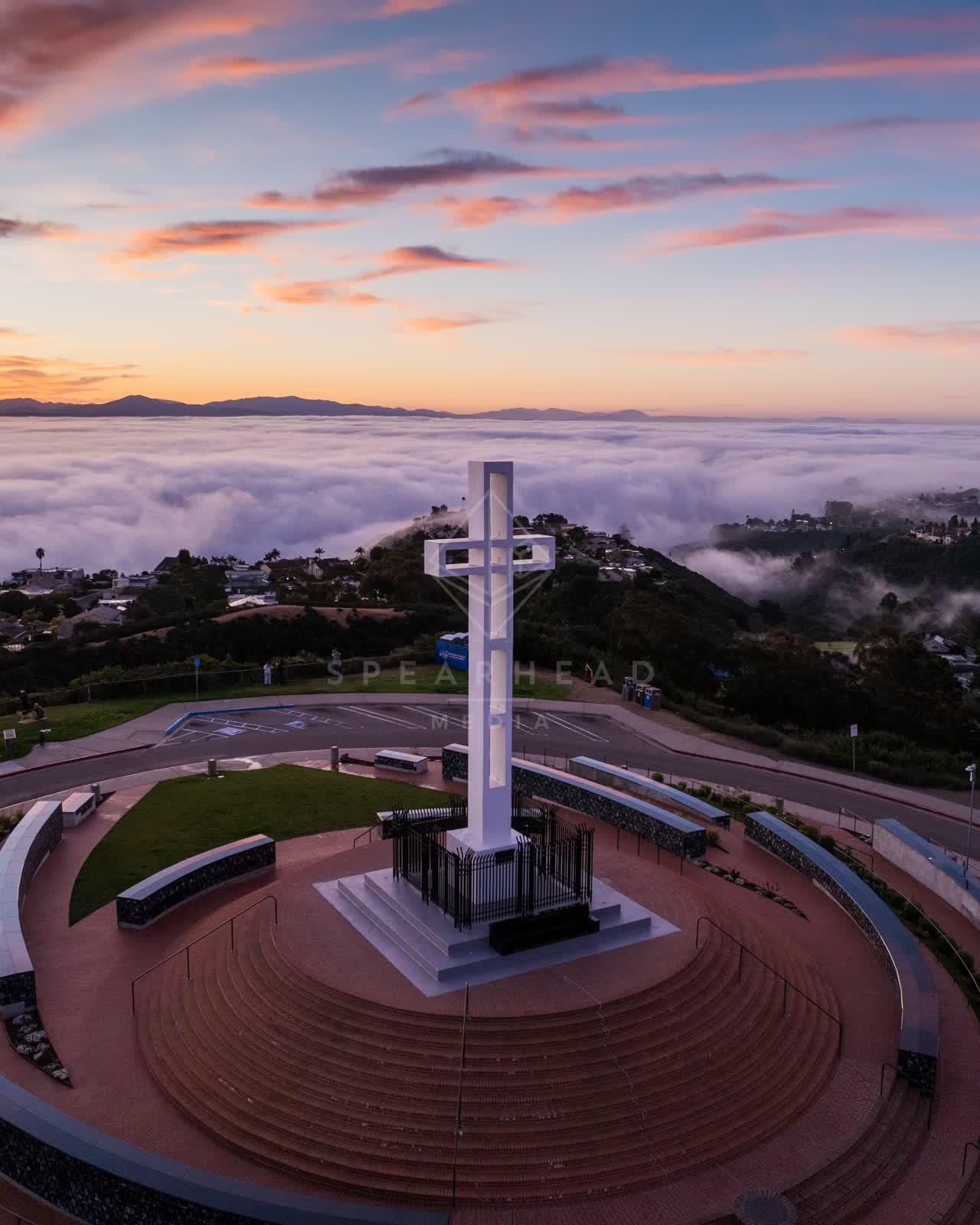 Aerial view of the cliffs, homes and open country at Mount Soledad.