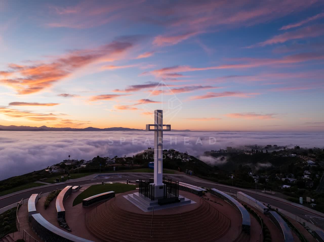 Aerial view of the cliffs, homes and open country at Mount Soledad.