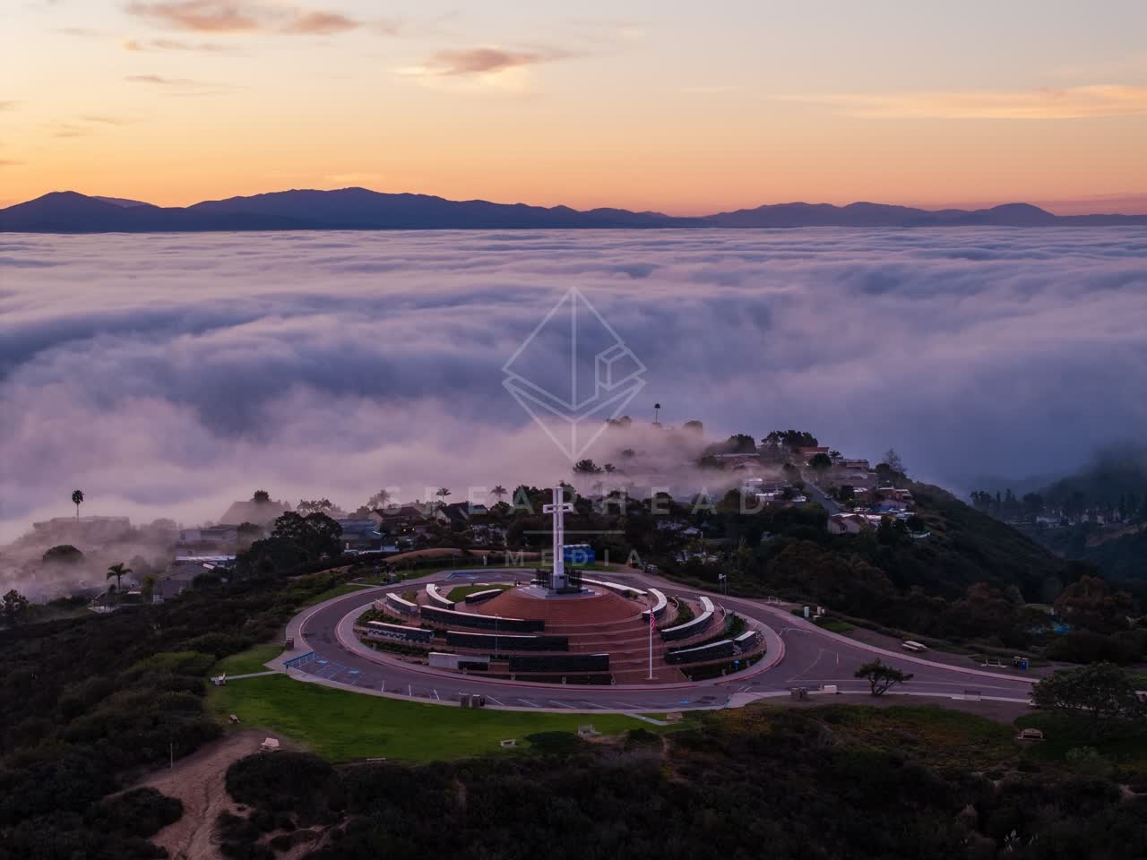 Aerial view of the cliffs, homes and open country at Mount Soledad.