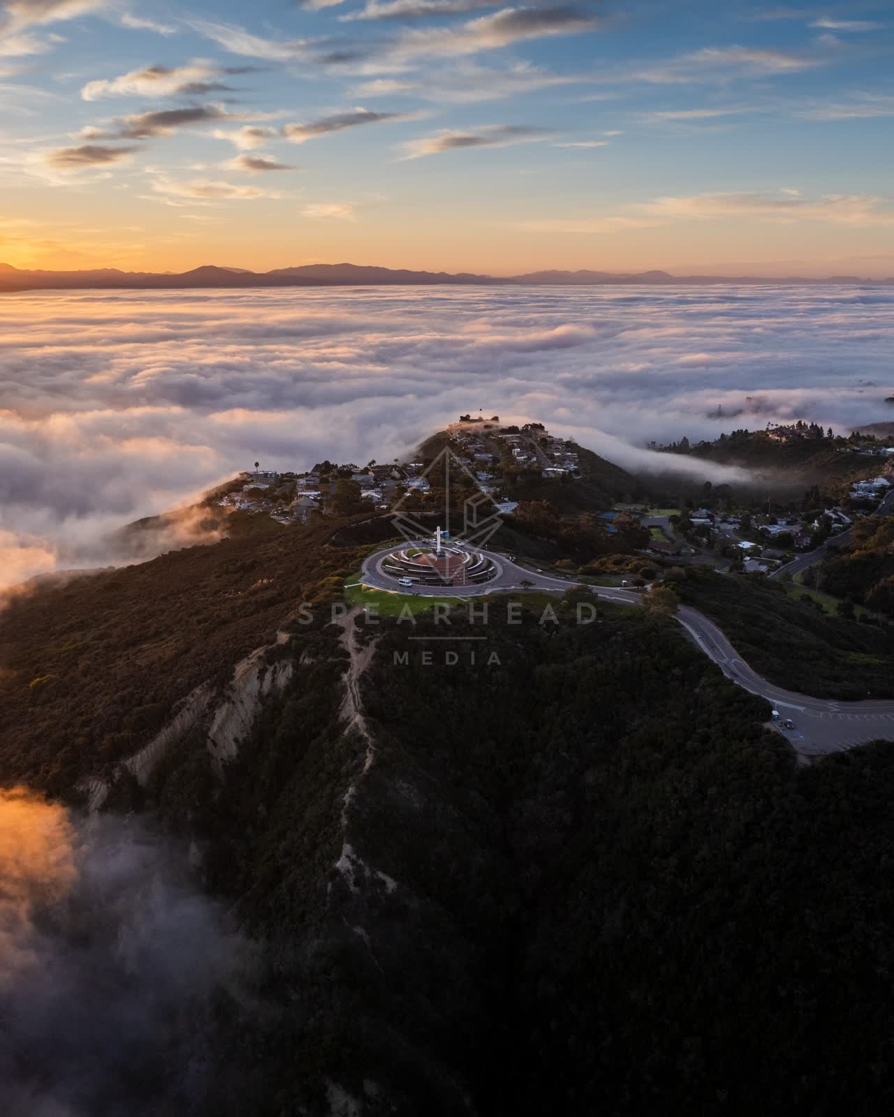Aerial view of the cliffs, homes and open country at Mount Soledad.