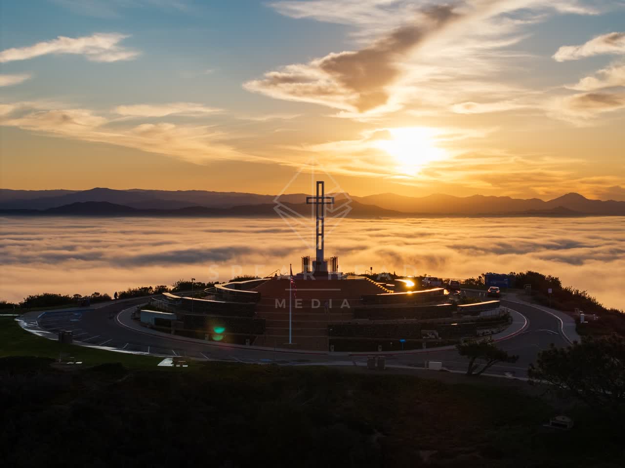 Aerial view of the cliffs, traffic and open country at Mount Soledad.