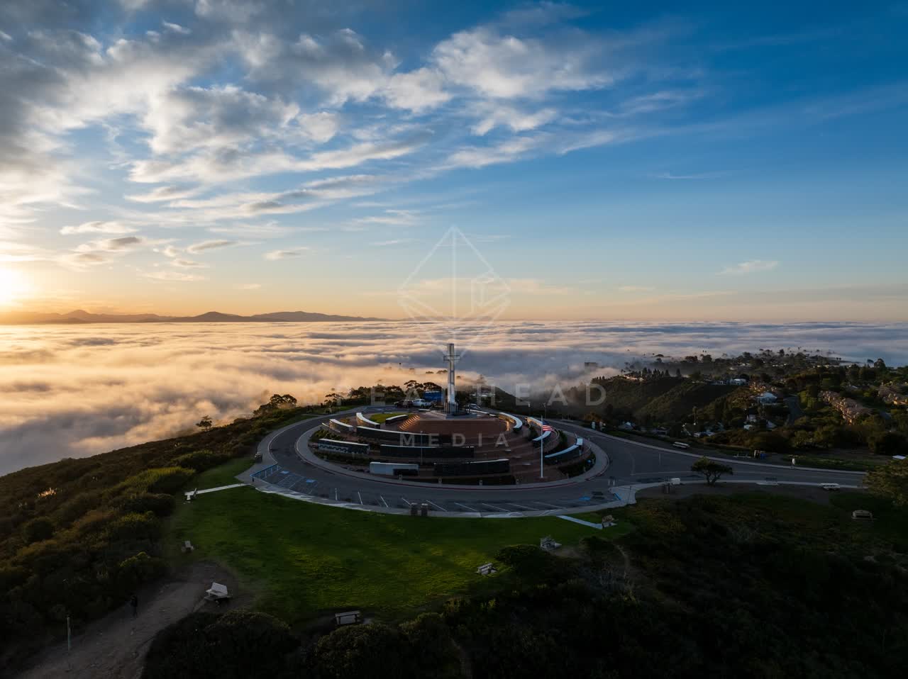 Aerial view of the cliffs, homes and the buildings at Mount Soledad.