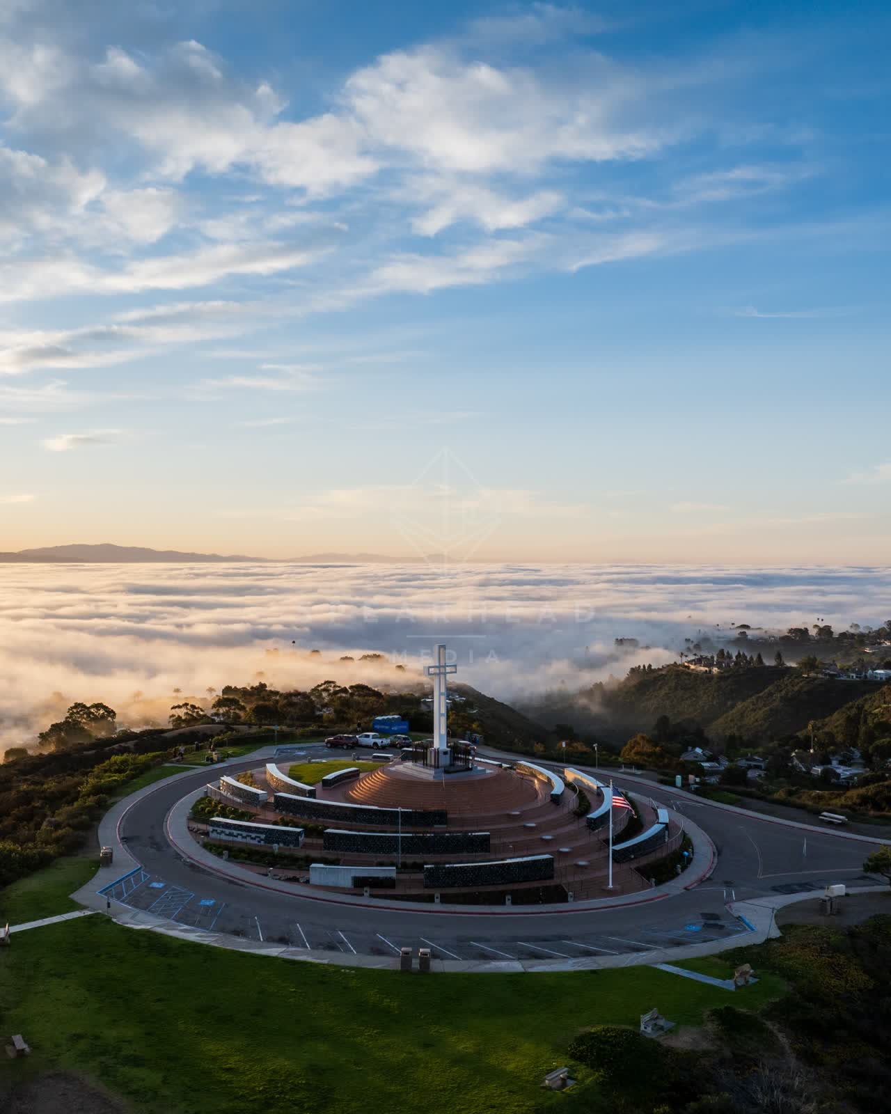 Aerial view of the cliffs, traffic and open country at Mount Soledad.