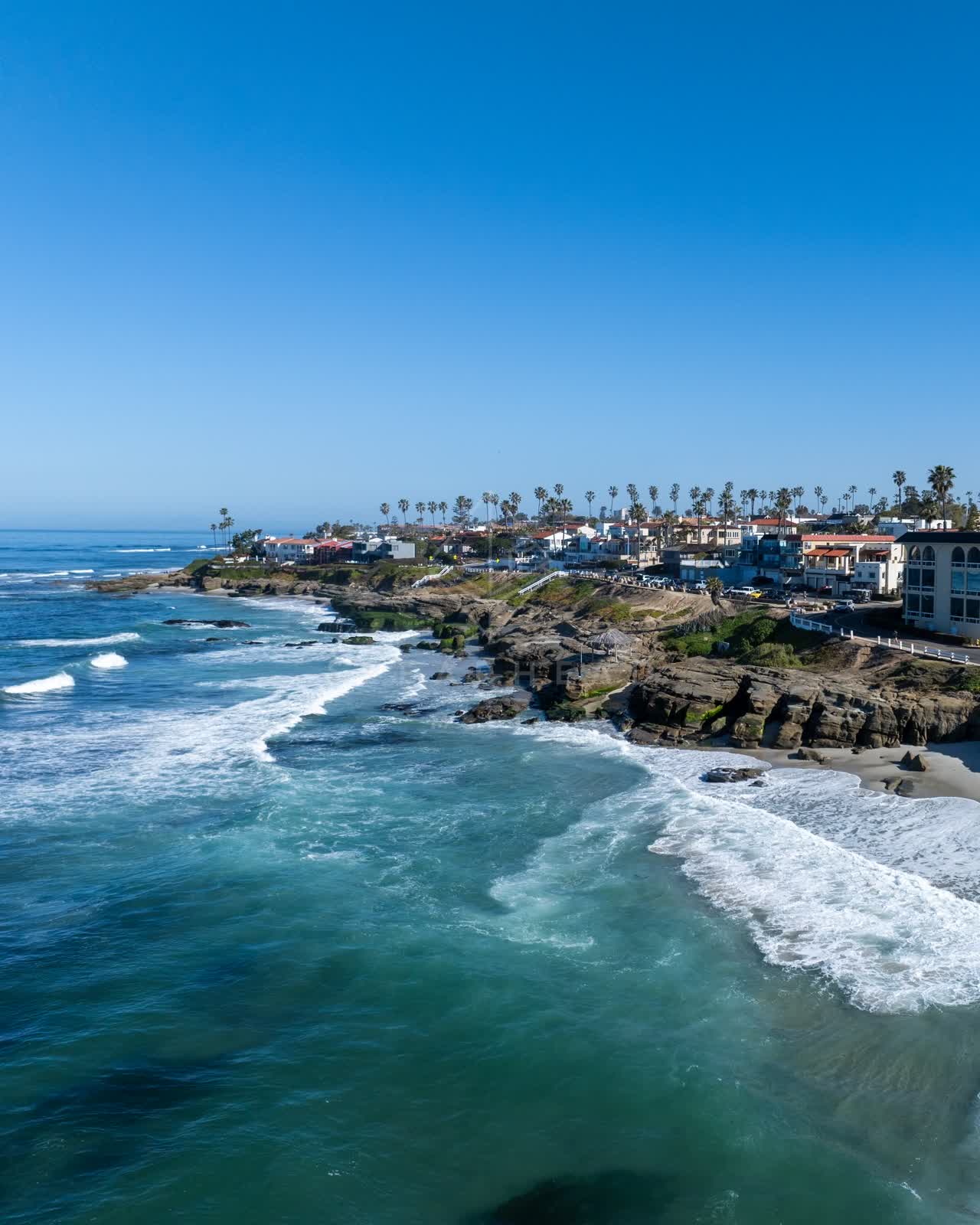 Aerial view of the cliffs, the surf and palm trees at Windansea.