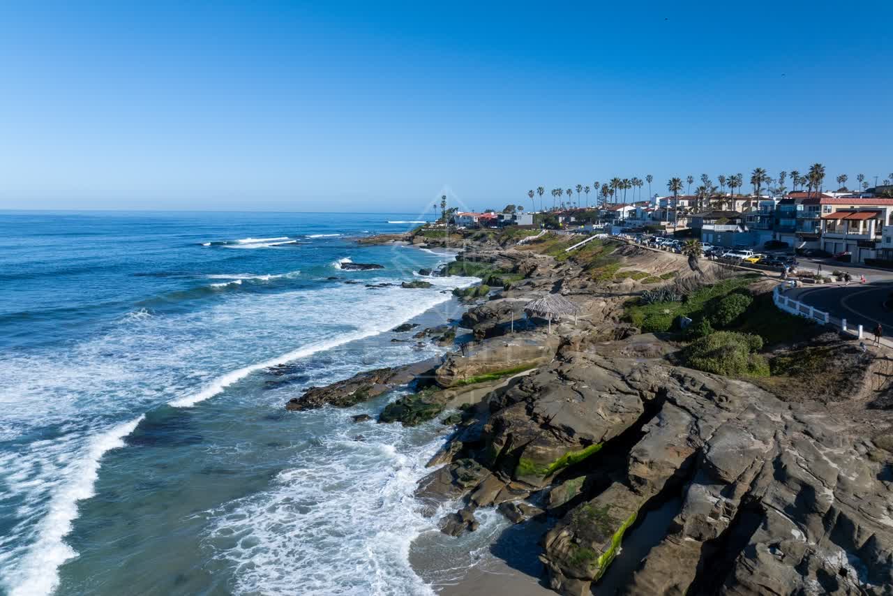 Aerial view of the cliffs, the surf and palm trees at Windansea.