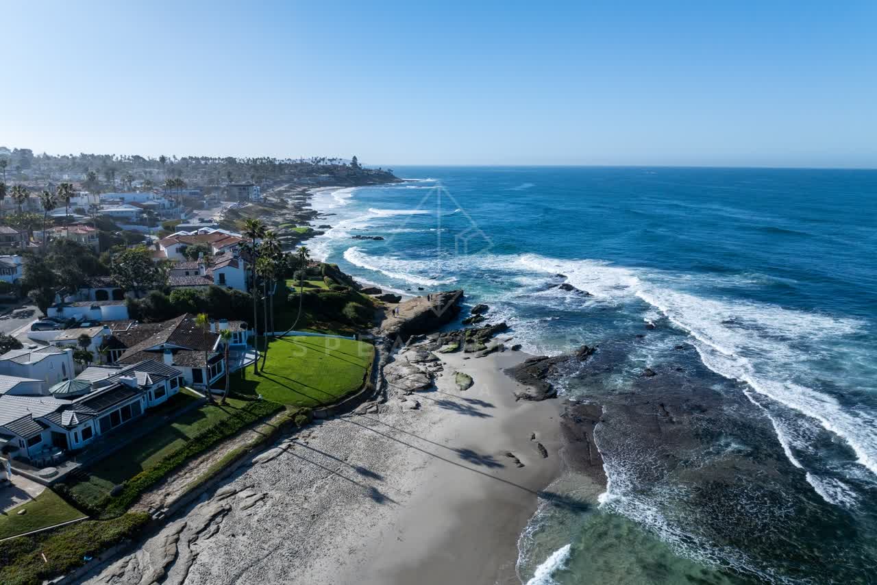 Aerial view of the beach, the surf and palm trees at Windansea.