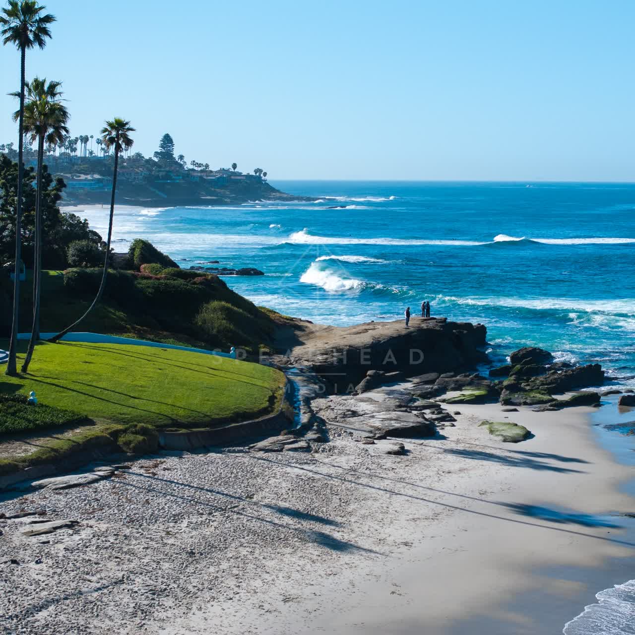 Low aerial view of the cliffs, the surf and palm trees at Windansea, with people walking.