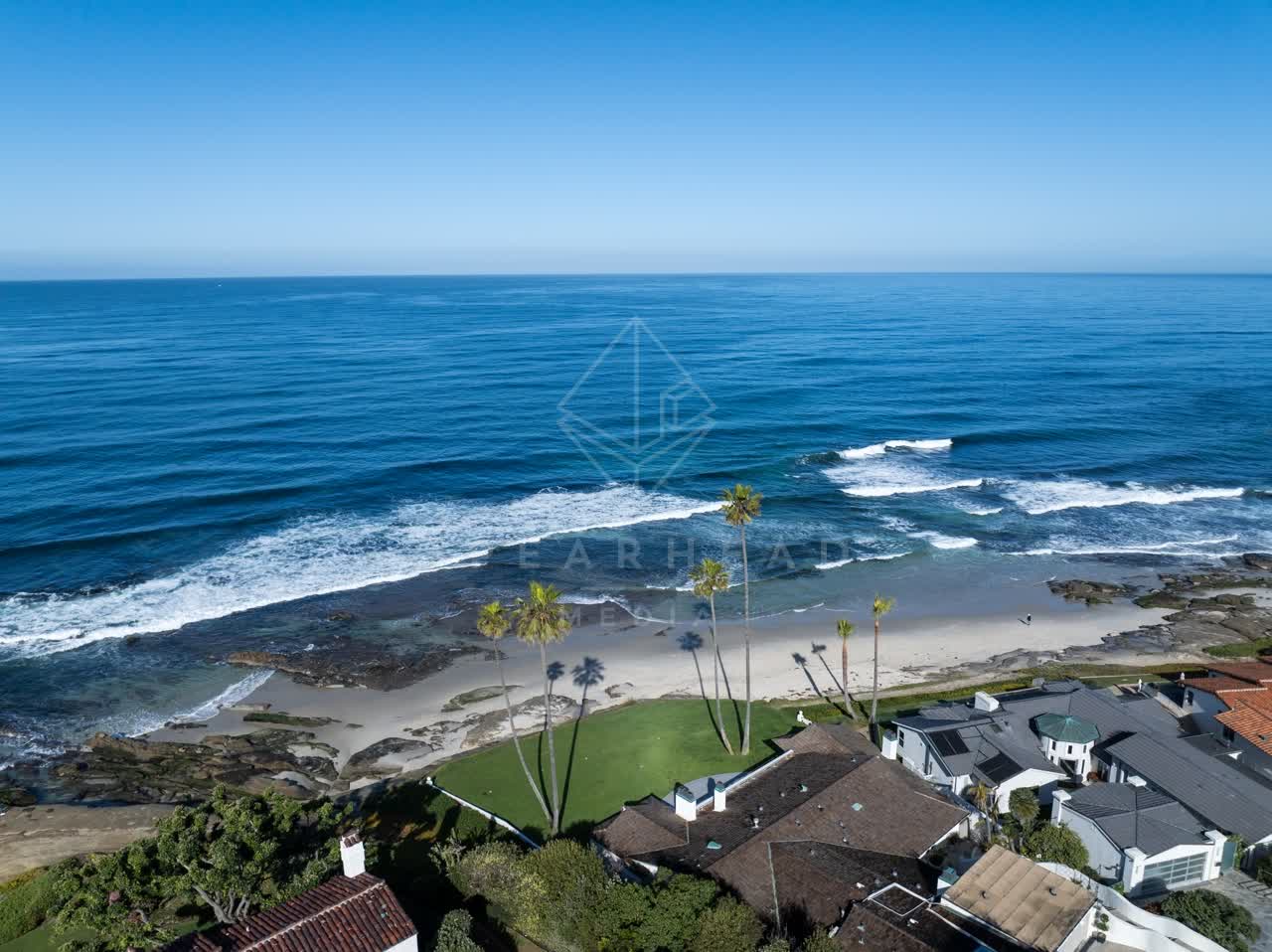 Aerial view of the beach, the surf and palm trees at Windansea.
