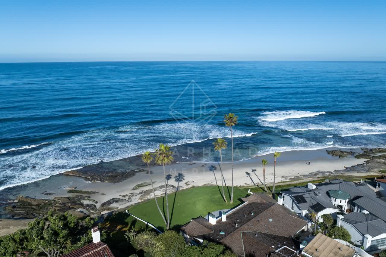 Aerial view of the beach, the surf and palm trees at Windansea.