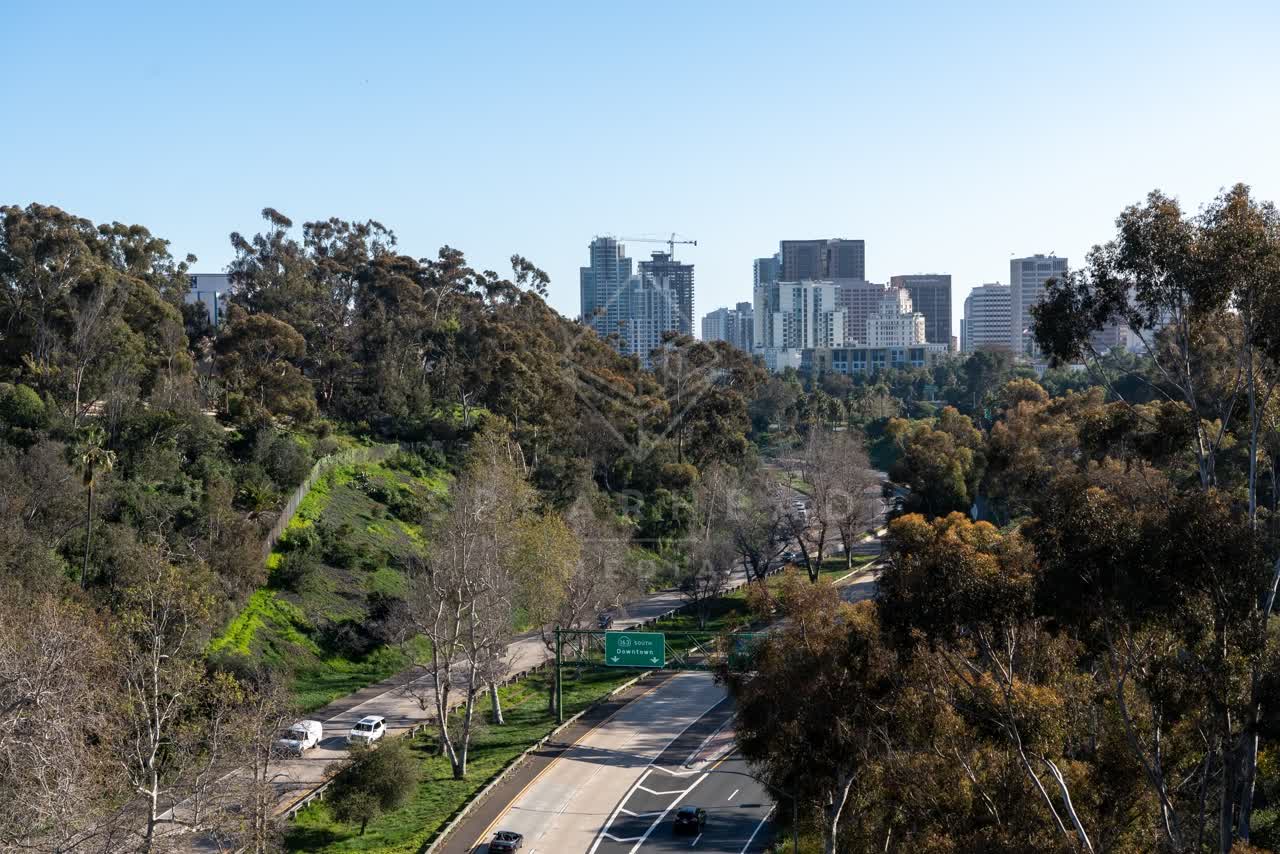 Elevated view of a park, the skyline and the buildings in Balboa Park.