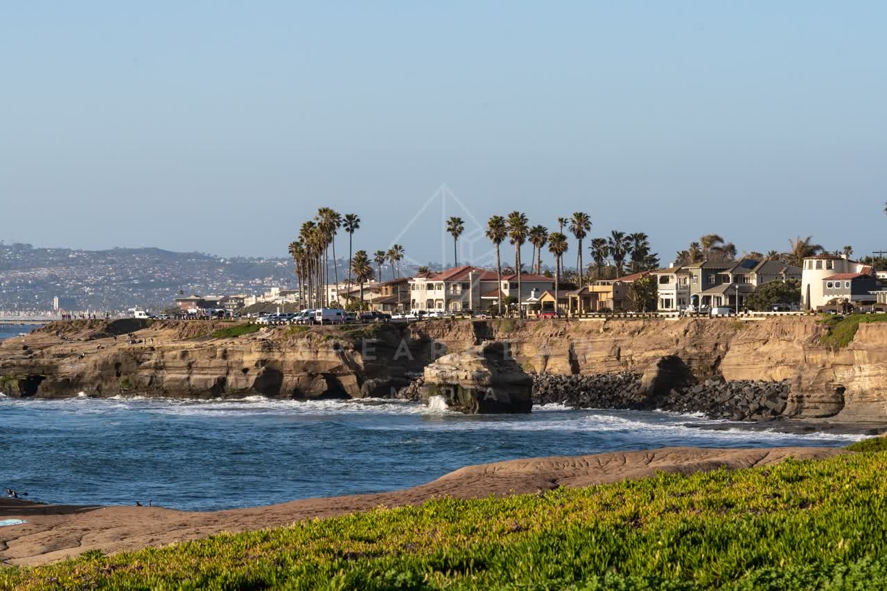 Elevated view of the cliffs, palm trees and the ocean at Sunset Cliffs.