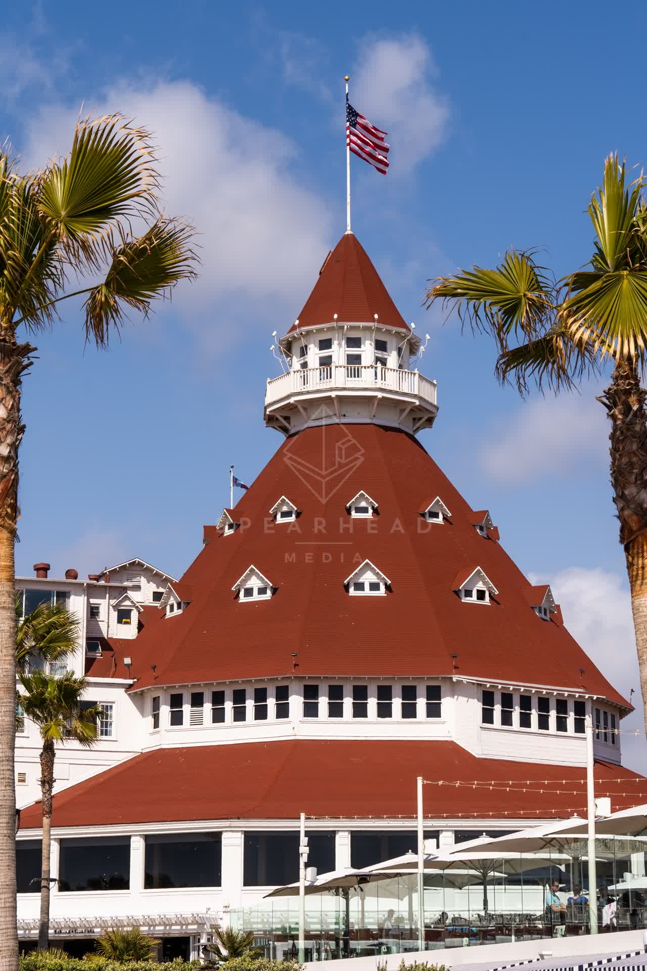 The beach, palm trees and the buildings at Coronado Beach.
