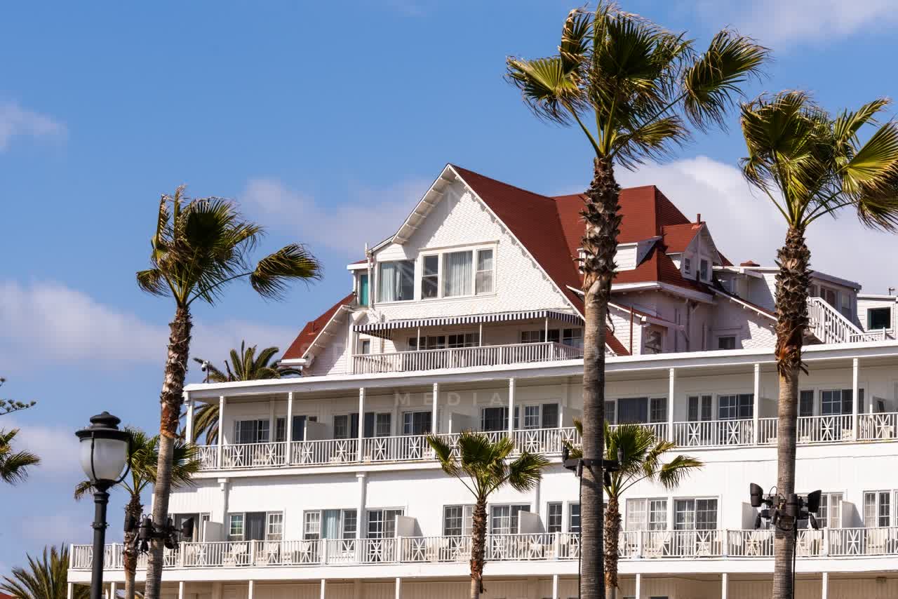 The beach, palm trees and the buildings at Coronado Beach.