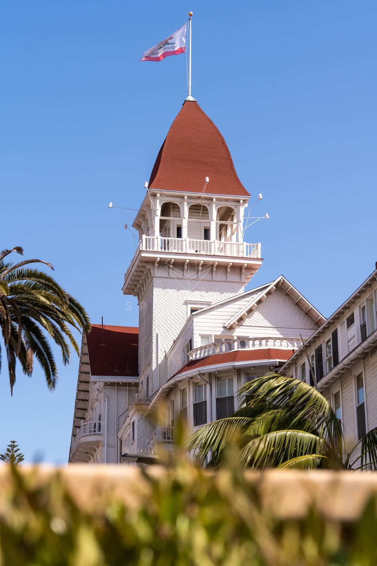 The downtown streets, palm trees and the buildings at Coronado Beach.