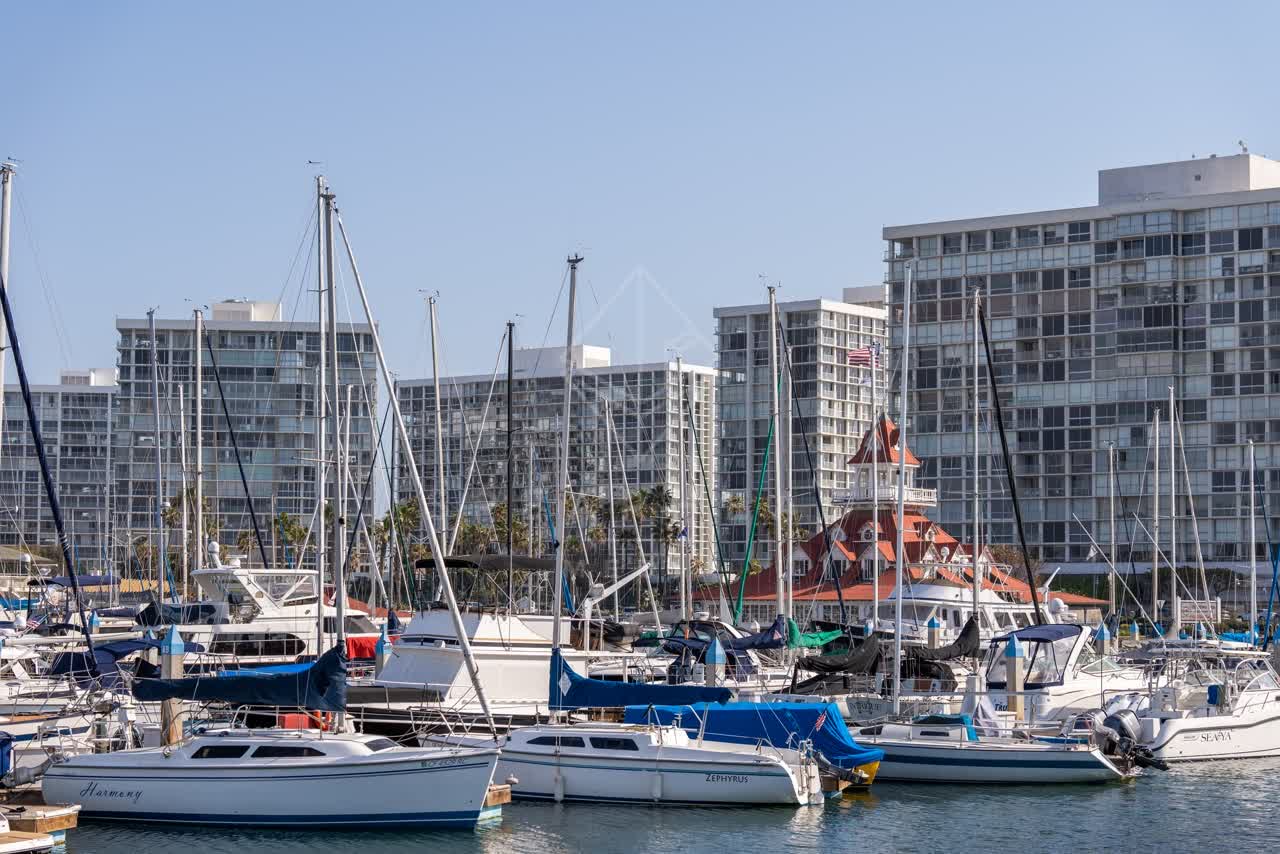 View from the water of the harbor, boats and the bay at Glorietta Bay, with boats out.