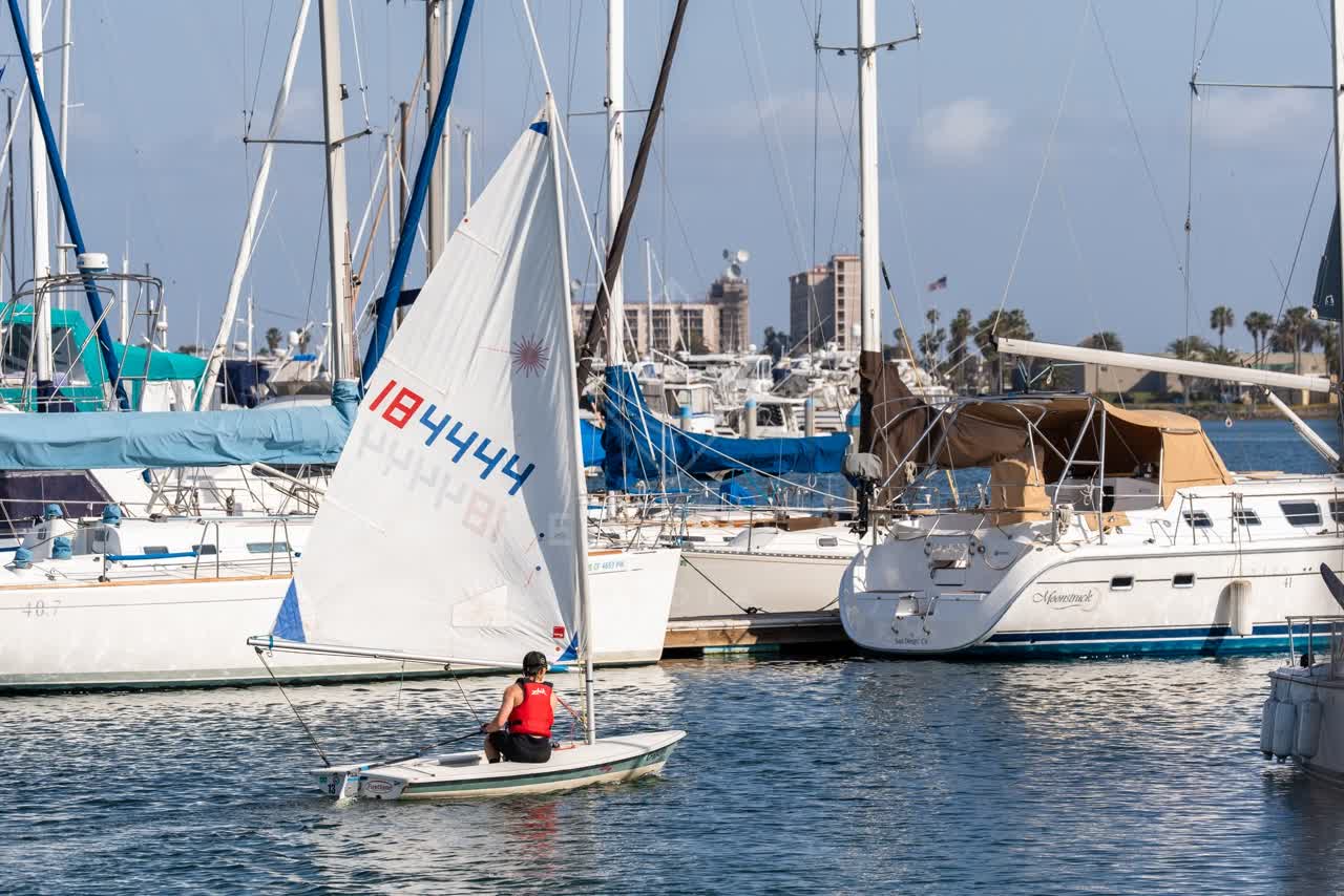 View from the water of the harbor, boats and palm trees at Glorietta Bay, with boats out.