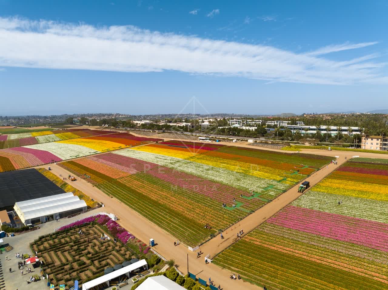 Aerial view of the country inland, traffic and open country at Flower Fields, with people walking.