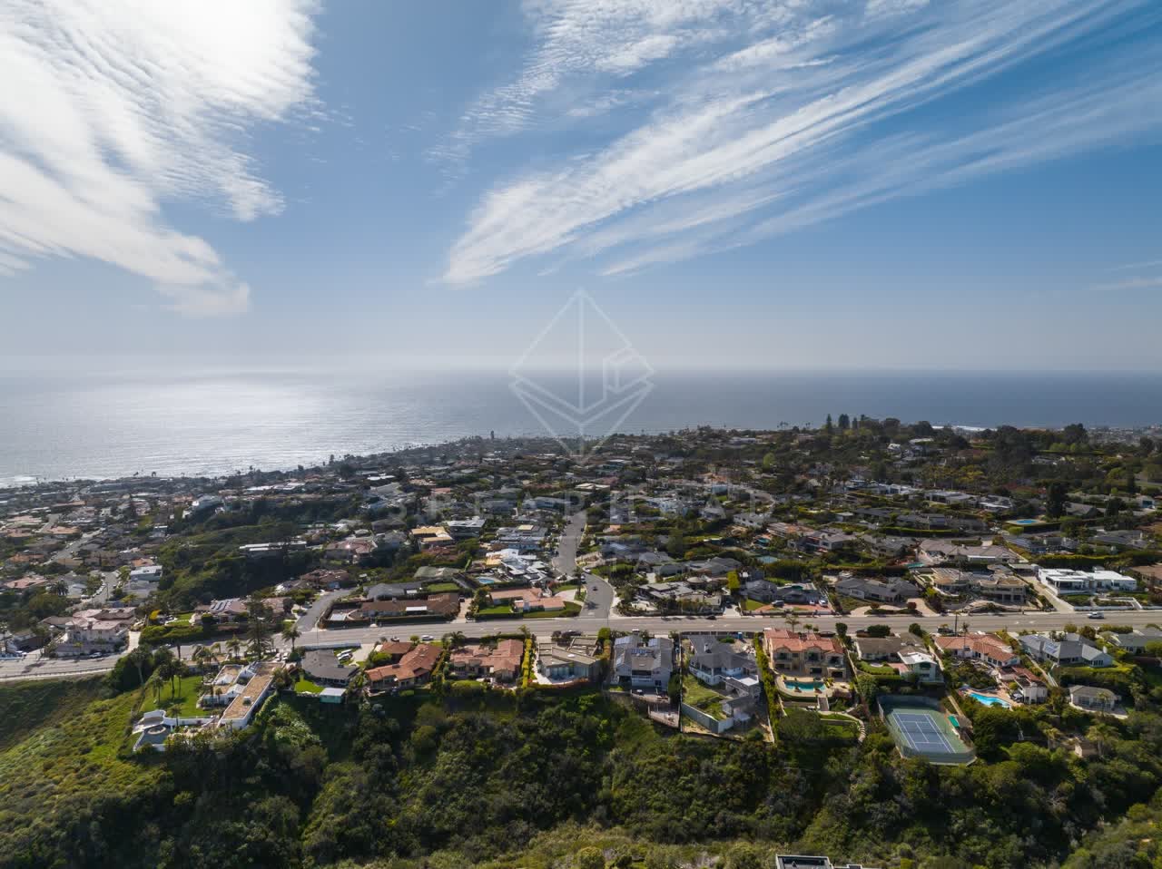 Aerial view of a residential street, wildlife and the ocean at La Jolla Mesa.