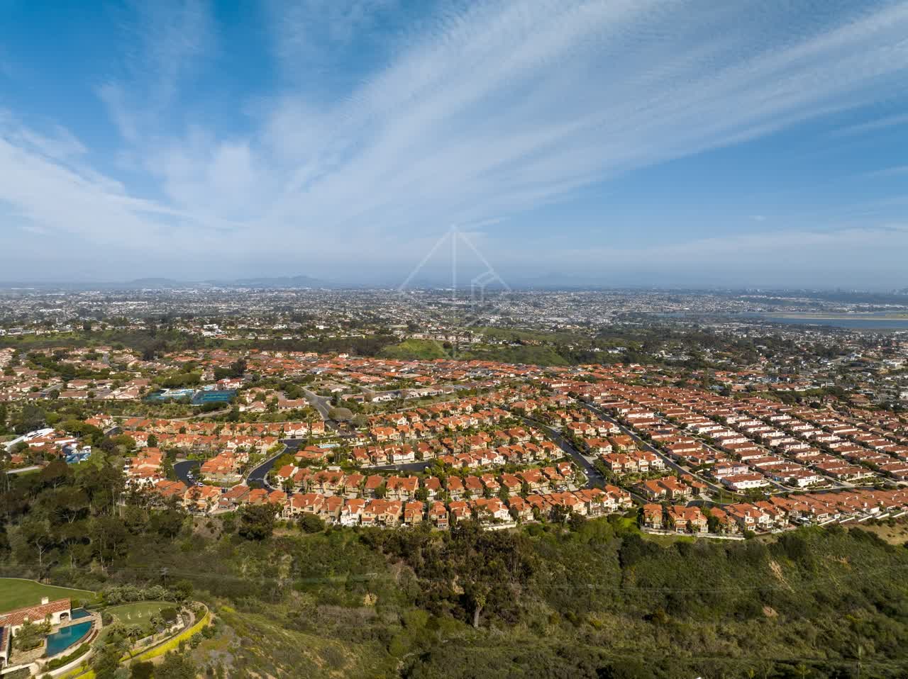 Aerial view of a residential street, wildlife and homes at La Jolla Alta.