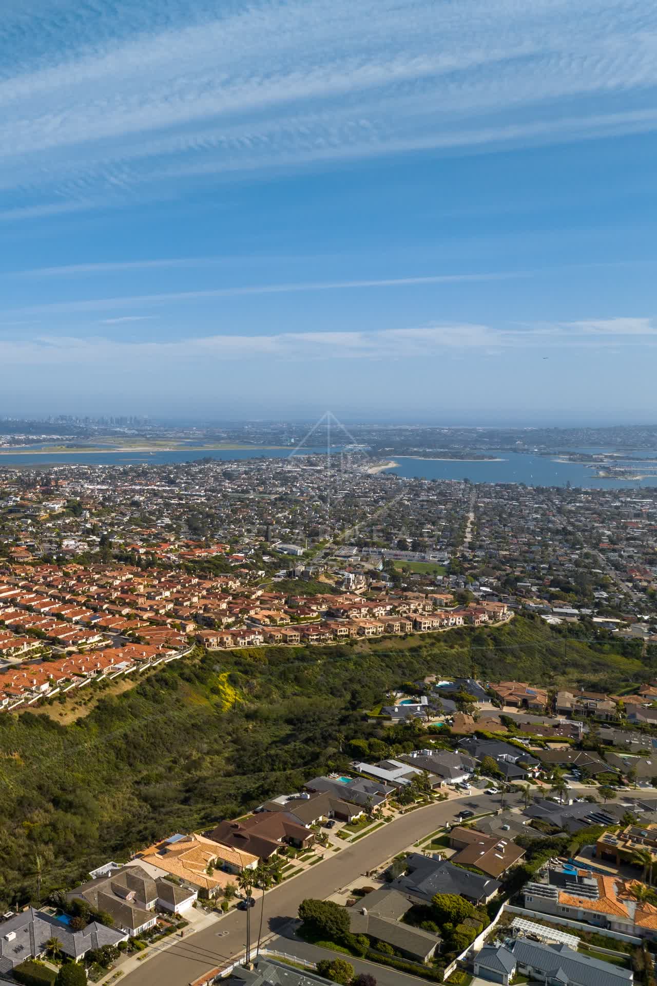 Aerial view of a residential street, the bay and homes at La Jolla Alta.