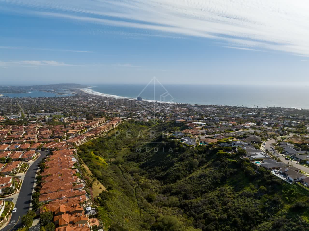 Aerial view of a residential street, palm trees and the ocean at La Jolla Alta.