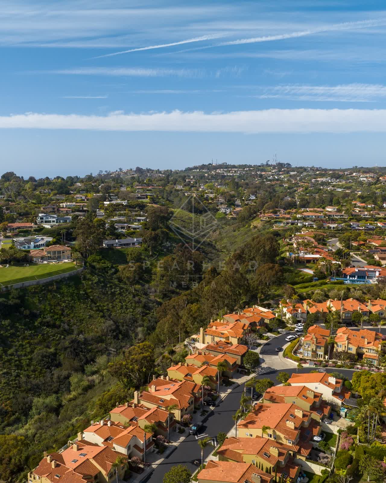 Aerial view of a residential street, homes and open country at La Jolla Alta.