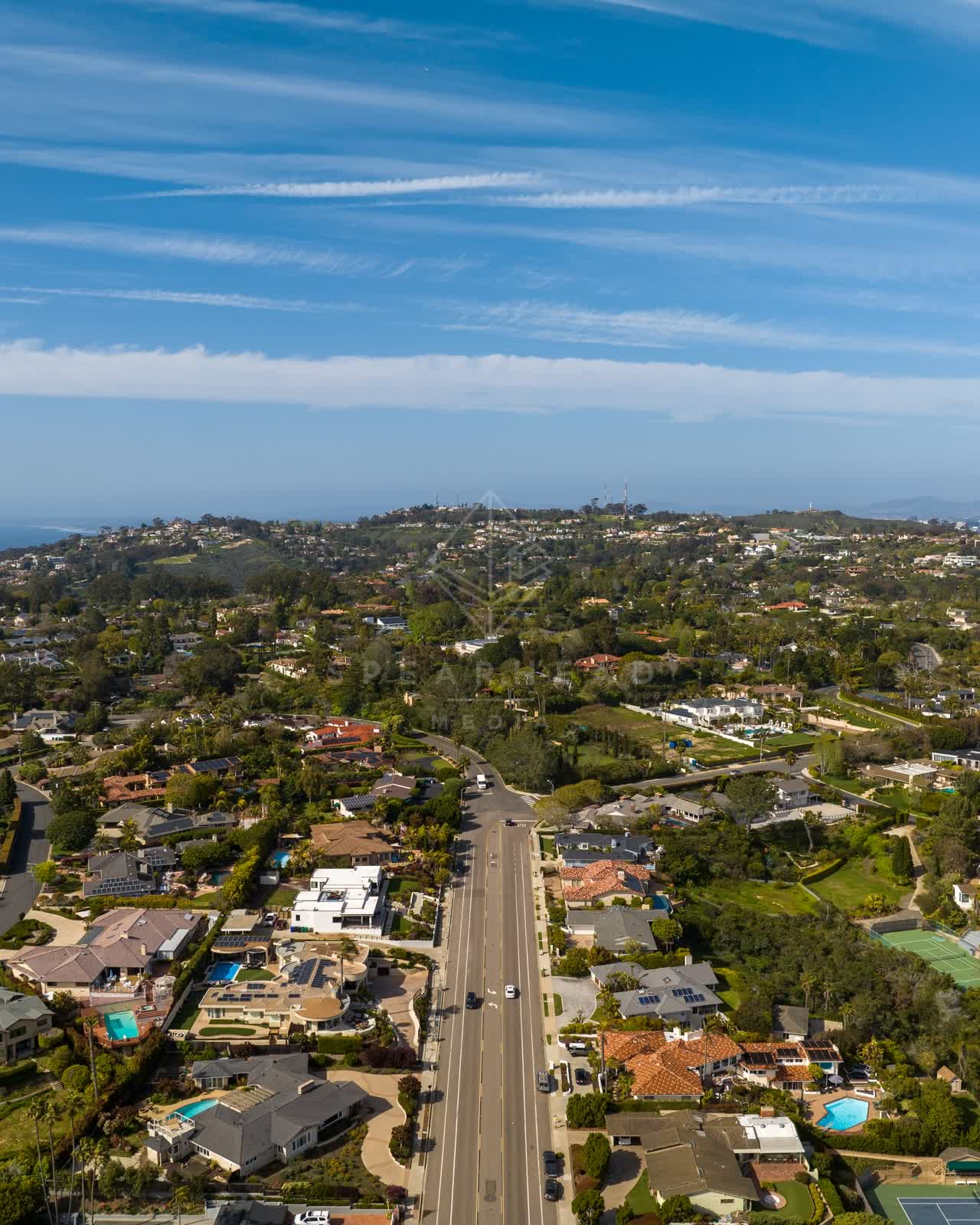 Aerial view of a residential street, palm trees and homes at La Jolla Mesa.