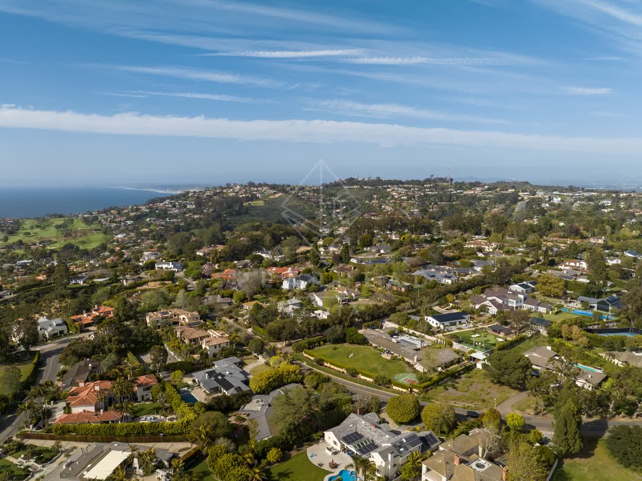 Aerial view of a residential street, palm trees and the ocean at La Jolla Mesa.