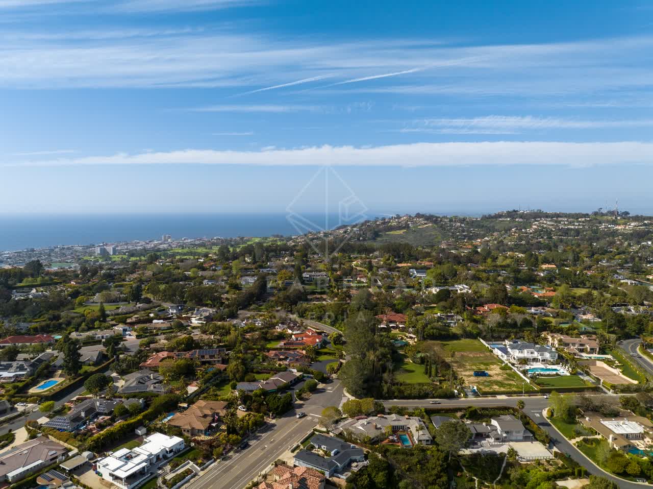 Aerial view of a residential street, palm trees and the ocean at La Jolla Mesa.