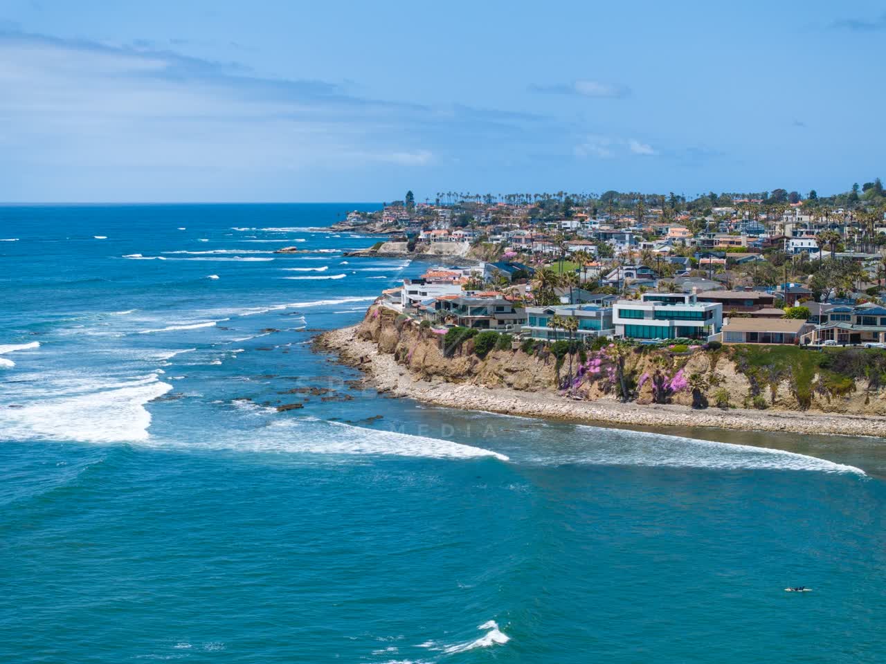 Aerial view of the cliffs, the surf and palm trees at Bird Rock.