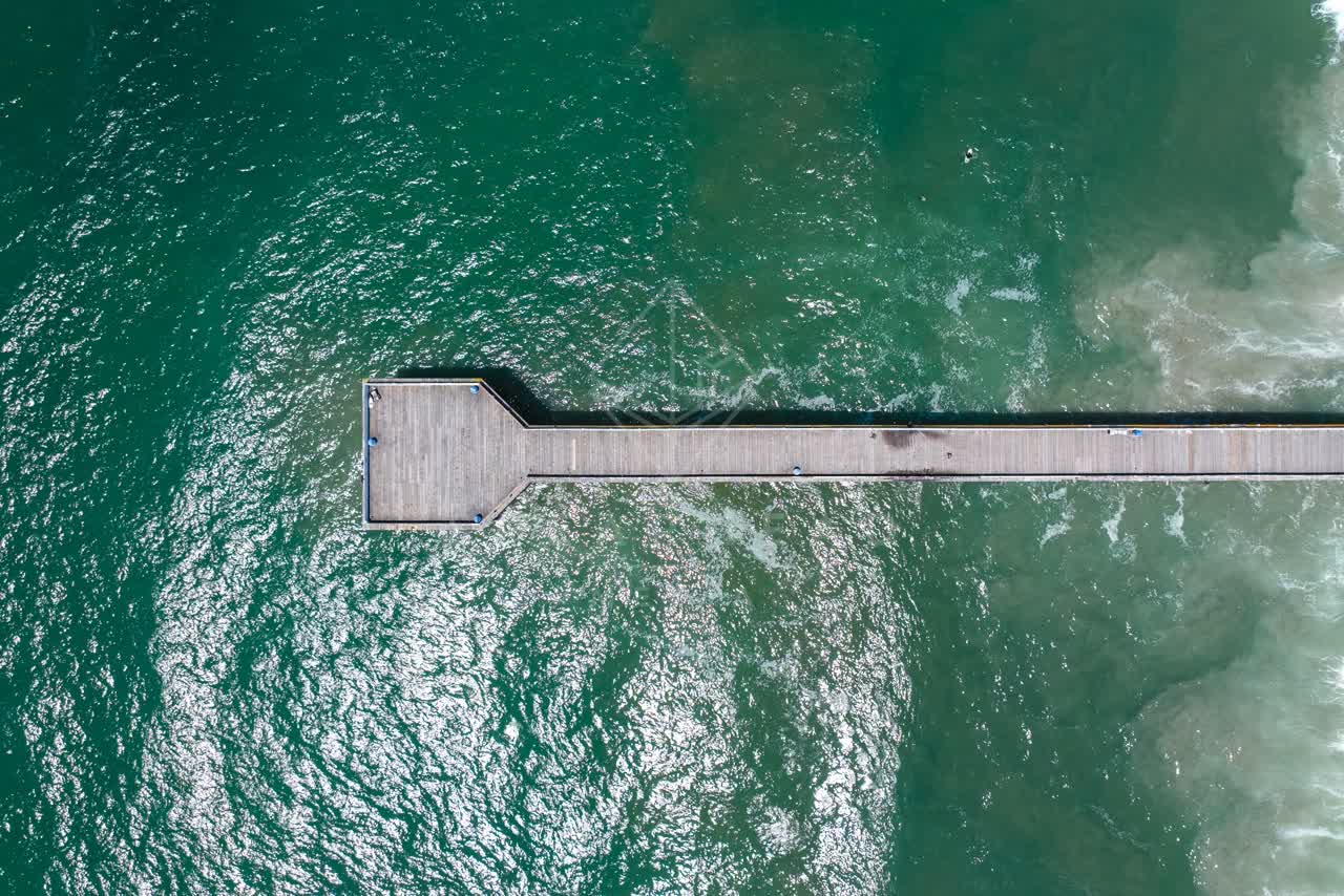 Aerial view of the beach, the pier and the ocean in Pacific Beach.
