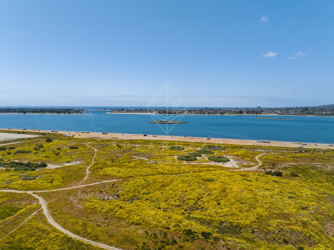 Aerial view of the beach, the bay and traffic in Mission Bay.