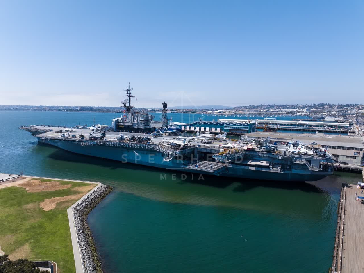 Aerial view of the harbor, boats and the bay at Embarcadero.