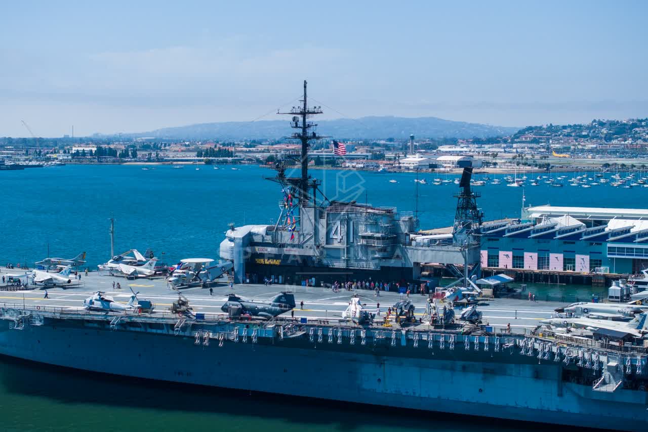 Low aerial view of the harbor, boats and the bay at Embarcadero.