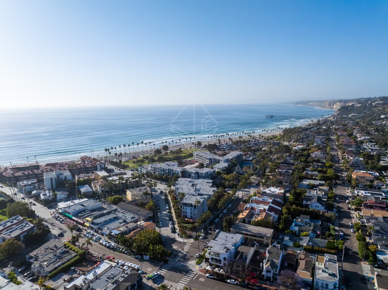 Aerial view of the beach, the pier and palm trees at La Jolla Shores.