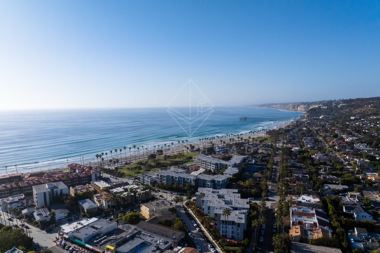 Aerial view of the beach, the pier and palm trees at La Jolla Shores.