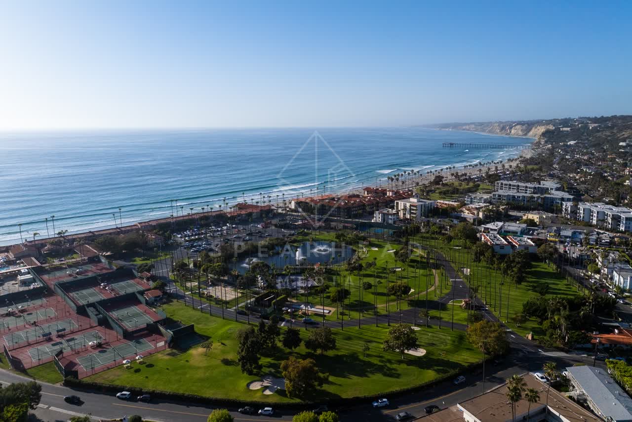 Aerial view of the beach, the pier and palm trees at La Jolla Shores.