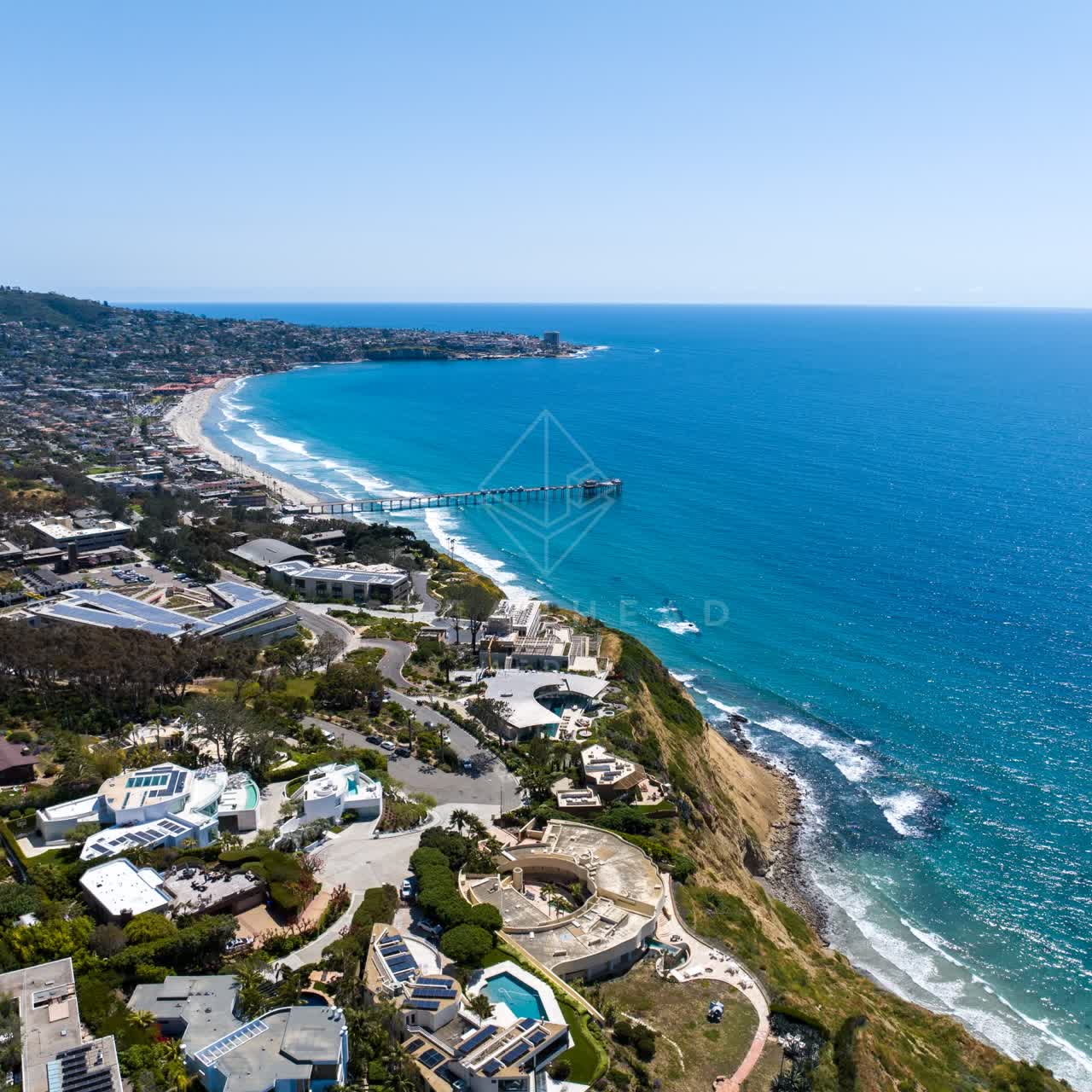 Aerial view of the cliffs, the pier and boats at Black’s Beach.