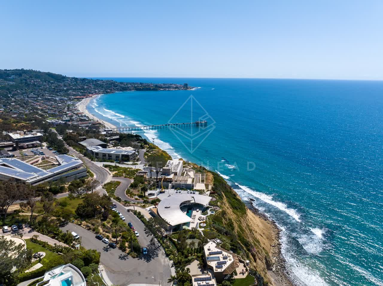 Aerial view of the cliffs, the pier and the ocean at Black’s Beach.