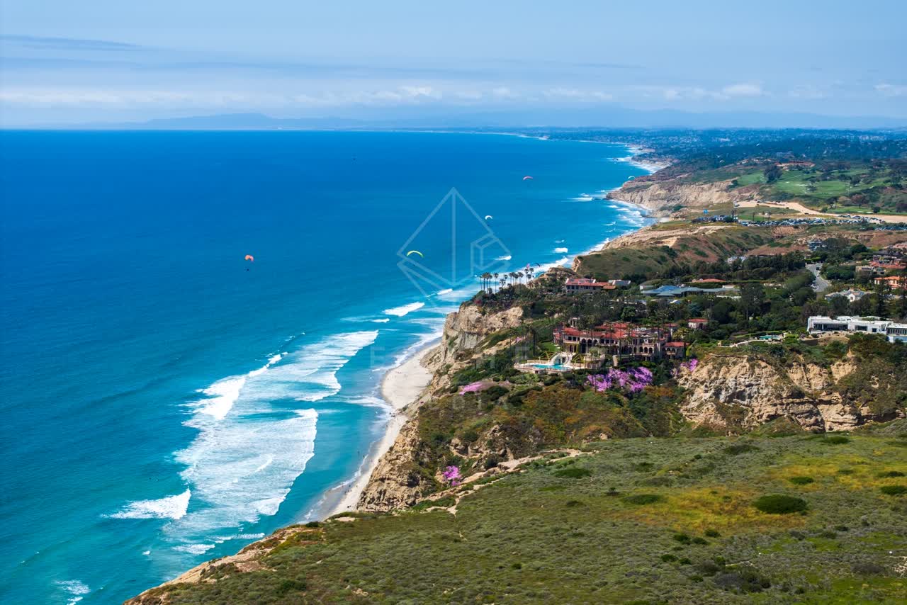 Aerial view of the cliffs, the surf and palm trees at Black’s Beach, with paddlers on the water.