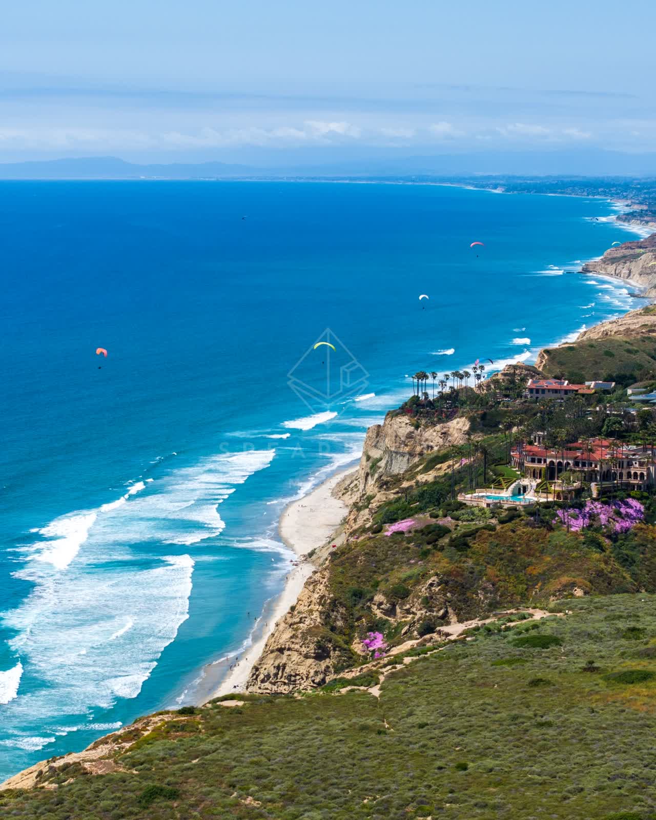Aerial view of the cliffs, the surf and palm trees at Black’s Beach.